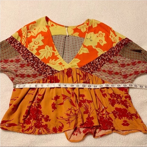 Free People Aloha State of Mind Patchwork Top Flower Detail Drapey Orange Yellow - Picture 10 of 14